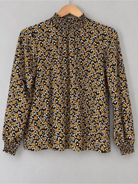 ONLY Women’s M Black Mustard Floral Smocked High Neck Long Sleeve Blouse